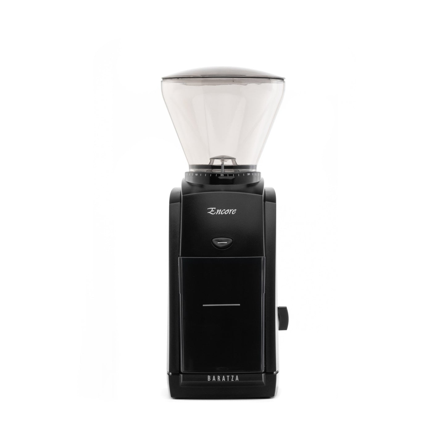 Vorderansicht der Baratza Encore Kaffeemühle in schwarz.