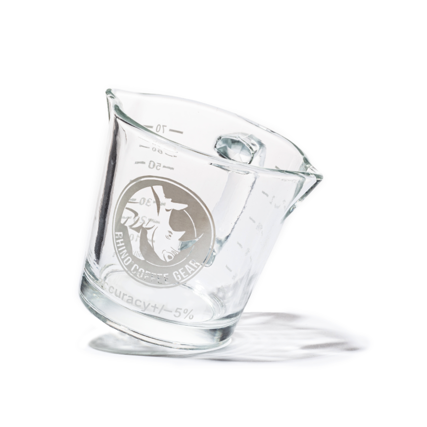 Espresso Shotglas mit Rhino Coffee Logo.